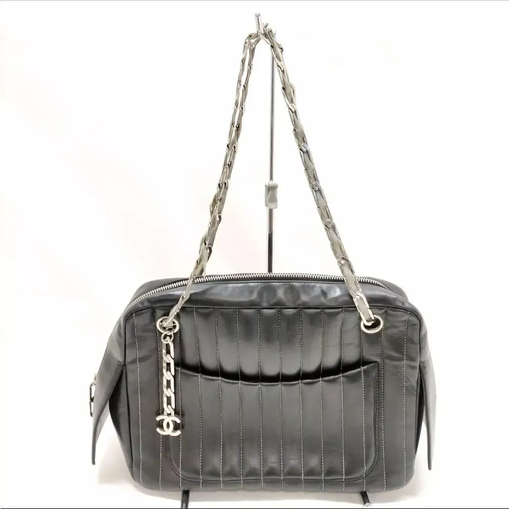Chanel Vtg Black Vertical Quilted Leather Mademoiselle Ligne Camera Shoulder Bag